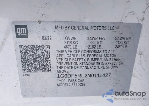 2022 Cadillac Ct4 Premium Luxury z USA, uszkodzony, nr VIN 1G6DF5RL2N0111427